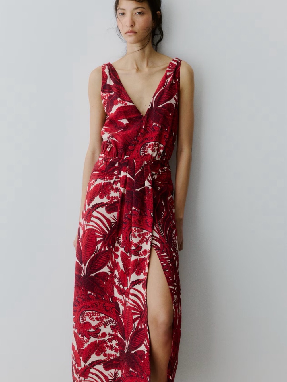Red Tropical Print V-Neck Maxi Dress